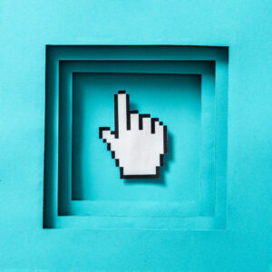 Cursor pixel mouse finger in the frame. Minimal concept symbol of computer technology and search