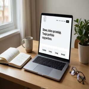 Laptop z otwartą stroną copywritera, notatnik, kubek, roślina, okulary na drewnianym biurku.