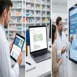 Farmaceuta używa tabletu, laptopa i ekranu dotykowego do obsługi klienta apteki.