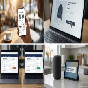 AI w e-commerce: zakupy na telefonie, laptopie, tablecie i smart speakerze.