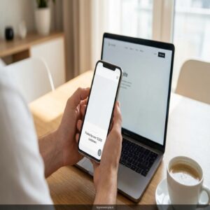 Mężczyzna trzyma smartfon, obok laptop z otwartą stroną internetową i filiżanka kawy.