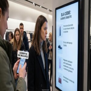 Kobieta patrzy na ekran z personalizowanymi sugestiami, inna osoba używa smartfona.