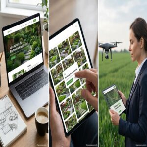 Laptop, tablet i dron do projektowania krajobrazu, prezentacja portfolio online.