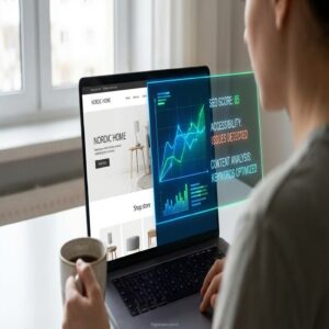 Kobieta analizuje stronę internetową Nordic Home na laptopie, widoczny wynik SEO i problemy z dostępnością.