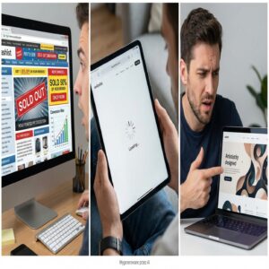 Mężczyzna patrzy na ekran komputera z napisem "SOLD OUT", inny trzyma tablet z "Loading...