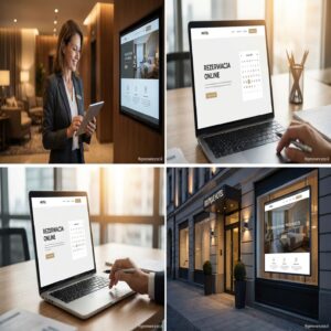 Kobieta z tabletem, ekrany z witryną hotelu, laptop z rezerwacją online, budynek hotelu.