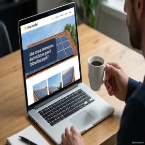 Mężczyzna przy laptopie z otwartą stroną o instalacji paneli fotowoltaicznych, pije kawę.