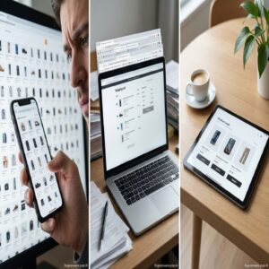 Mężczyzna przegląda produkty na telefonie i monitorze; laptop z koszykiem; tablet z produktami.