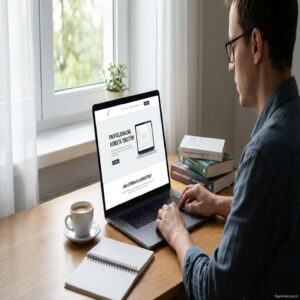 Mężczyzna pracuje na laptopie, na ekranie strona o korekcie tekstów.