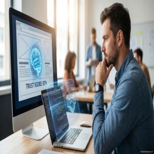 Mężczyzna pracuje przy komputerze, na ekranie mózg AI i wynik zaufania 87%.