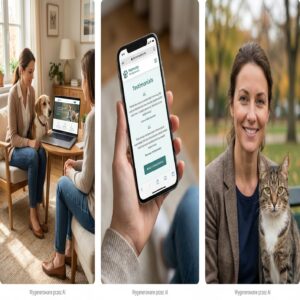 Kobiety z psem i kotem, jedna trzyma telefon z otwartą stroną internetową.