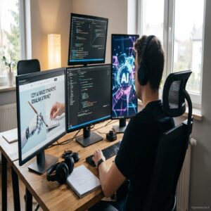 Mężczyzna pracuje przy komputerze z czterema monitorami, na jednym AI i robot.