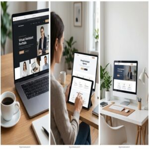 Strona internetowa dla wirtualnego asystenta na laptopie, tablecie i monitorze.