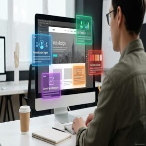 Mężczyzna projektuje stronę WWW z algorytmami AI: personalizacja, A/B testing, optymalizacja.