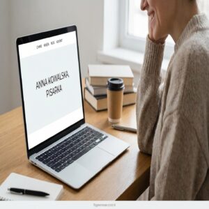 Kobieta przy laptopie z napisem "Anna Kowalska, pisarka". Na biurku kawa i książki.