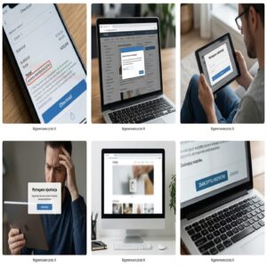 Zrzuty ekranu z błędami UX na telefonie, laptopie, tablecie i komputerze.
