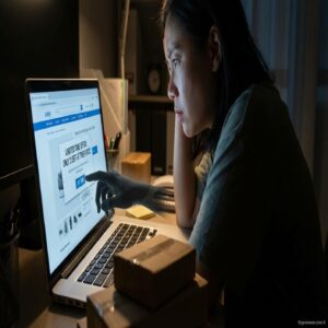 Kobieta klika w wyskakujące okienko z ofertą na laptopie.