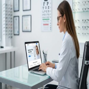 Optometrystka pracuje na laptopie, na ekranie strona OpticView.