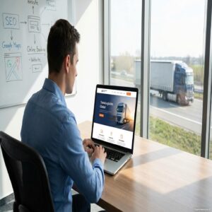 Mężczyzna pracuje na laptopie z witryną TransLogistics Global, w tle ciężarówka na autostradzie.