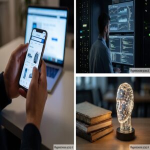 Osoba używająca smartfona, programista przy monitorach, lampka AI i książki.