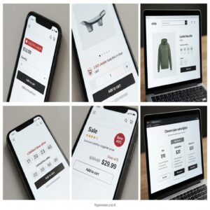 E-commerce: ekrany smartfonów i laptopów z ofertami produktów i subskrypcji.