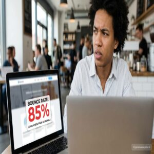 Mężczyzna patrzy na laptopa z wynikiem 85% bounce rate, AI analizuje słabe UX.