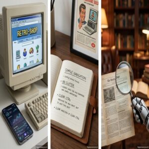 Retro komputer, smartfon, notatnik i robot z lupą nad gazetą.