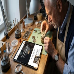Zegarmistrz naprawia mechanizm zegarka kieszonkowego, obok tablet z ofertą firmy.