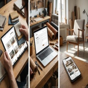 Tapicer przeglada portfolio mebli na tablecie i laptopie, probki tkanin, narzedzia.