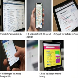 5 psychologicznych "błędów" w designie: gęstość informacji, biała przestrzeń, typografia, nawigacja, kolory.