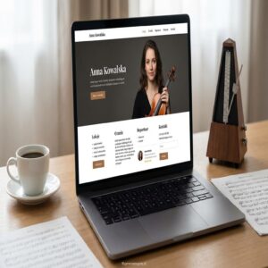Strona internetowa nauczycielki muzyki Anny Kowalskiej na laptopie, obok metronom i nuty.
