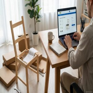 Mężczyzna składa krzesło IKEA, korzystając z laptopa z widoczną instrukcją.