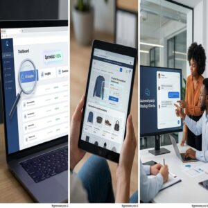 Laptop, tablet i monitor z interfejsami AI do sprzedaży i obsługi klienta.