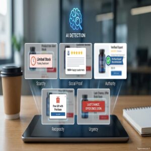 AI wykrywa psychologiczne wyzwalacze w e-commerce: niedobór, dowód społeczny, autorytet, wzajemność, pilność.