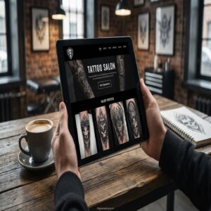 Osoba przeglądająca tablet z witryną salonu tatuażu i portfolio, kawa na stole.