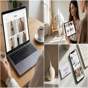Laptop z portfolio stylisty, tablet, telefon z Instagramem, wizytówka, wnętrze biura.