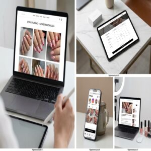 Laptop, tablet, smartfon z portfolio stylizacji paznokci, kalendarz rezerwacji.