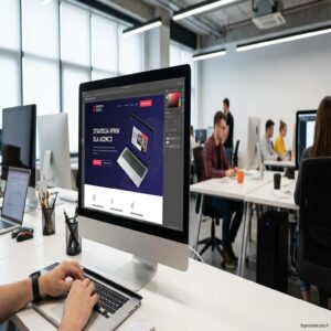 Osoba projektujaca strone WWW dla agencji eventowej na komputerze iMac i laptopie.