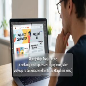 Mężczyzna patrzy na laptopa z projektem strony internetowej o AI i człowieku.