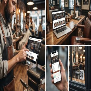 Barber używa tabletu, laptopa i smartfona z aplikacją do rezerwacji usług.