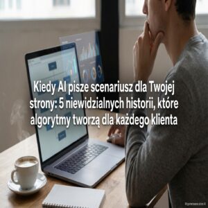 Mężczyzna przy laptopie z otwartą kawą i notatnikiem, obok monitor z wykresami.