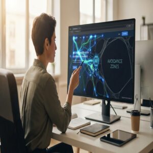 Kobieta analizuje mapę unikania z AI na monitorze komputera.