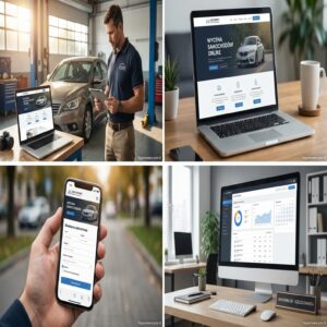 Rzeczoznawca samochodowy z tabletem, laptop z wyceną online, smartfon z formularzem, monitor z panelem.