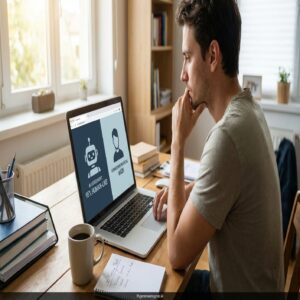 Mężczyzna analizuje test Turinga UX na laptopie, oceniając AI jako 95% ludzką.