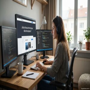 Kobieta w słuchawkach pracuje przy trzech monitorach z kodem i stroną internetową.