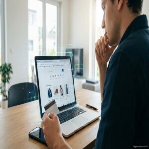 Mężczyzna z kartą płatniczą przed laptopem z otwartą stroną sklepu internetowego.