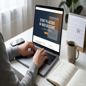 Osoba pisząca na laptopie, obok kalendarz z napisem "BLOG" i kubek kawy.