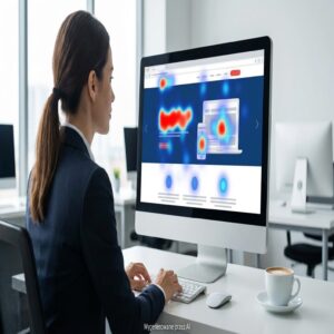 Kobieta analizuje mapę cieplną strony internetowej na monitorze komputera.