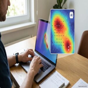 Mężczyzna pracuje na laptopie, widoczna mapa ciepła AI z analizą wzorców.