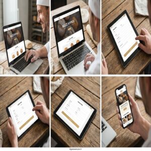 Piekarz korzysta z laptopa, tabletu i smartfona z witryną piekarni i formularzem zamówienia.